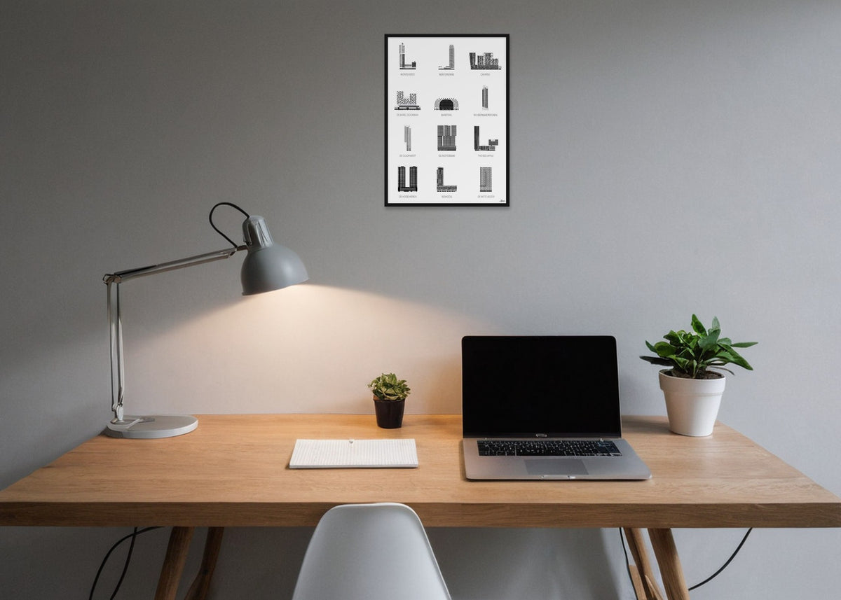 Poster Hoogbouw Rotterdam ingelijst aan de muur in een kantoor