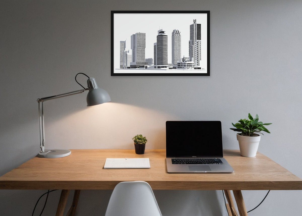 Poster Hoogbouw Wilhelminapier Rotterdam ingelijst aan de muur in een kantoor