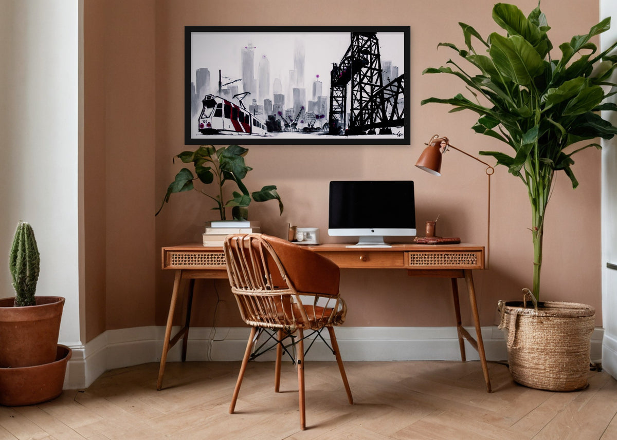 Poster De Hef Rotterdam ingelijst aan de muur in een kantoor
