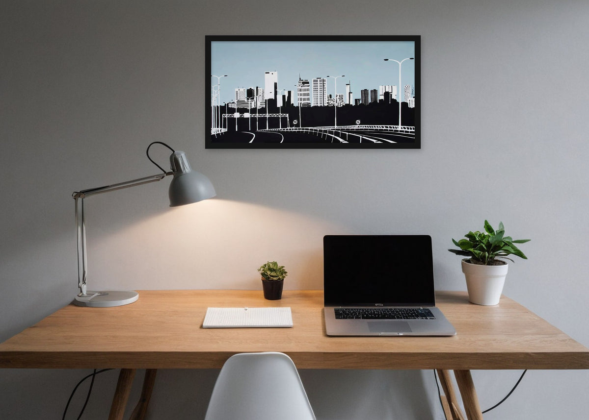 Poster Skyline Rotterdam vanaf Kleinpolderplein ingelijst aan de muur in een kantoor