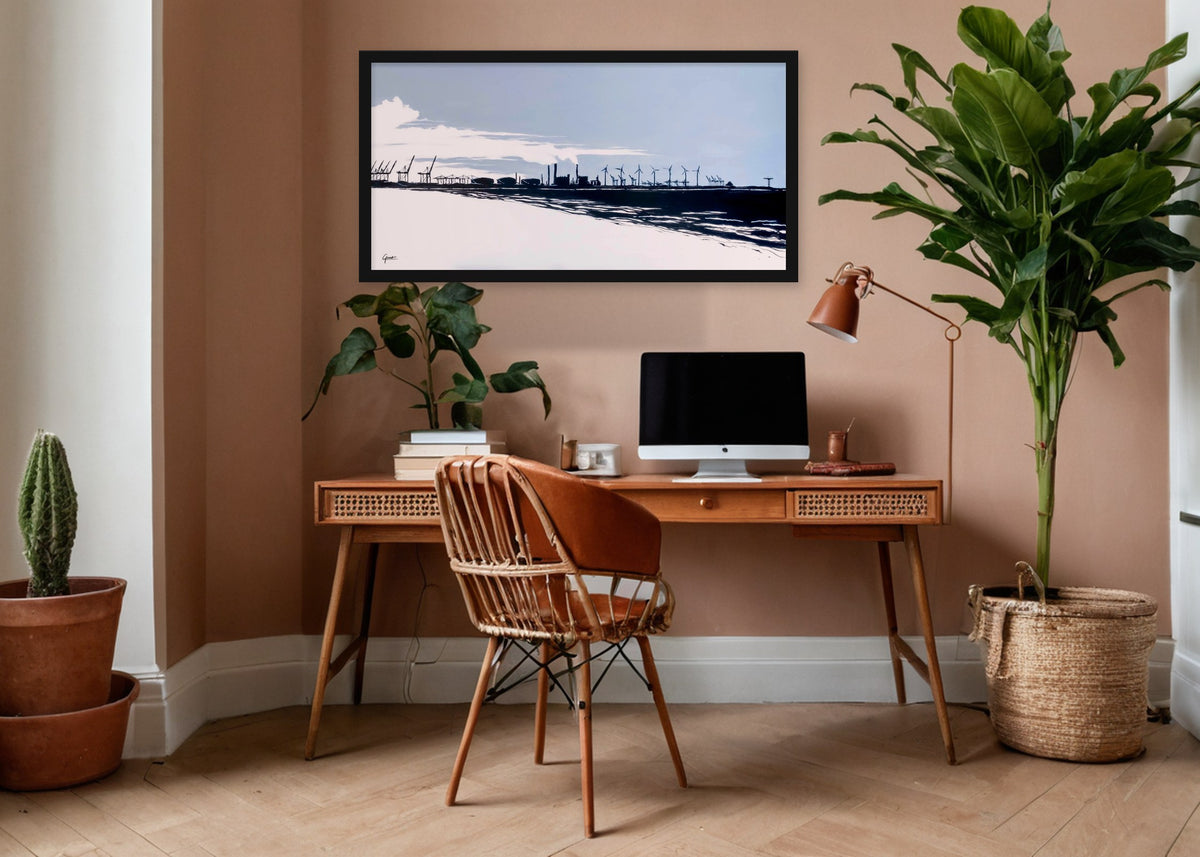 Poster Maasvlakte vanaf Hoek van Holland Rotterdam ingelijst aan de muur in een kantoor