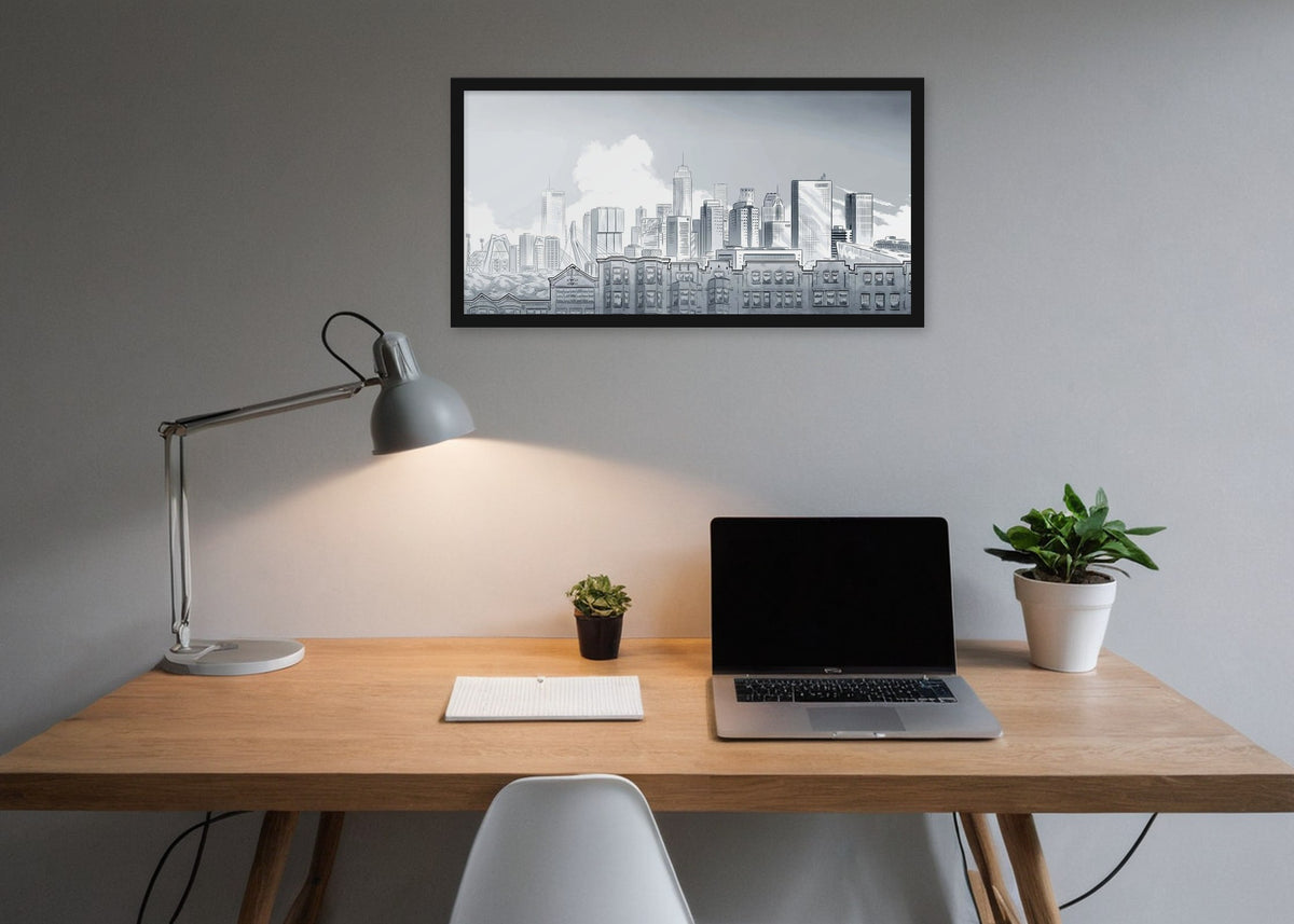 Poster Skyline Rotterdam Crooswijk ingelijst aan de muur in een kantoor
