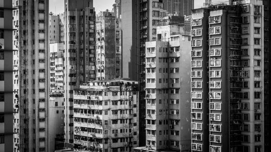 Stadsfotografie poster Hongkong 4, architectuur en skyline in zwart-wit ingelijst