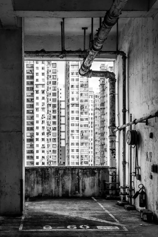 Hongkong 5 poster, zwart-wit kunstfotografie van architectuur en skyline ingelijst