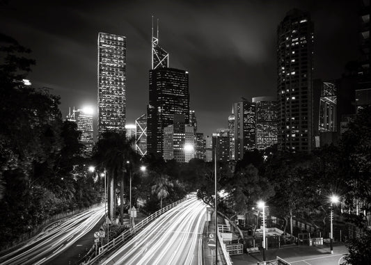 Poster Hongkong 6, zwart-wit stadsfotografie met stedelijke skyline ingelijst