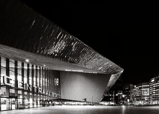 Stadsfotografie poster Rotterdam 6, architectuur en skyline in zwart-wit ingelijst