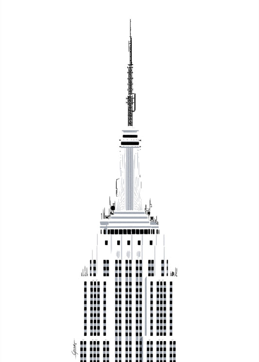 Empire State Building New York poster dag, handgetekende art deco tekening in zwarte lijnen op een witte achtergrond