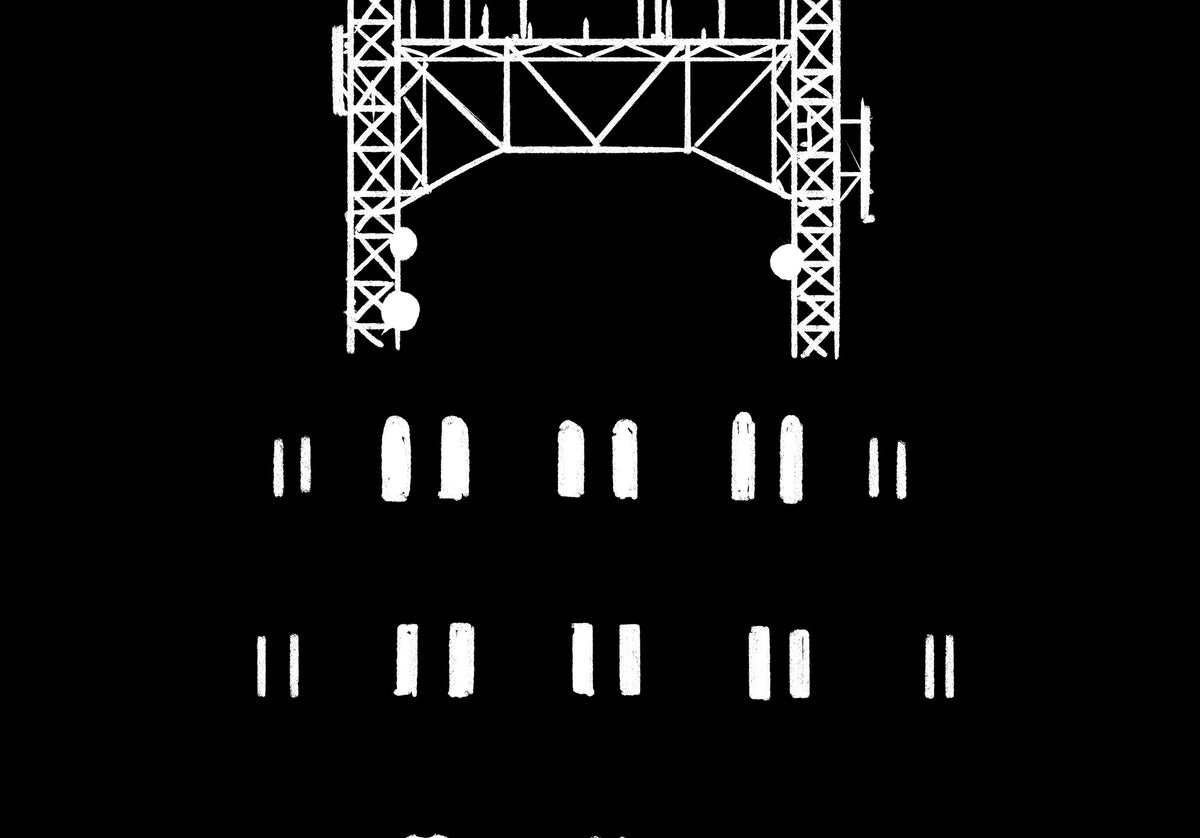Detail van de handgetekende Twenty Exchange Place poster: de boogramen en de antennemast op het dak