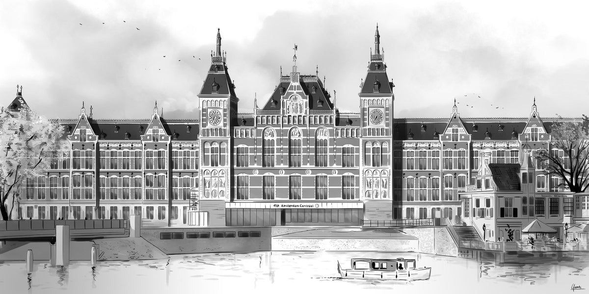 Amsterdam Centraal poster, panorama tekening van de stationsgevel met klokkentorens