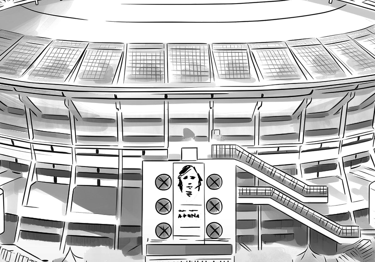 Detail van de Johan Cruijff ArenA poster: de ingang met het spandoek en de stalen dakspanten