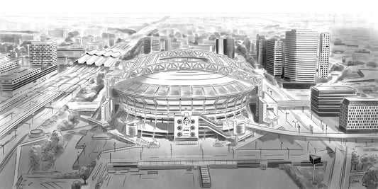 Johan Cruijff ArenA poster, panorama tekening van het stadion met omliggende hoogbouw