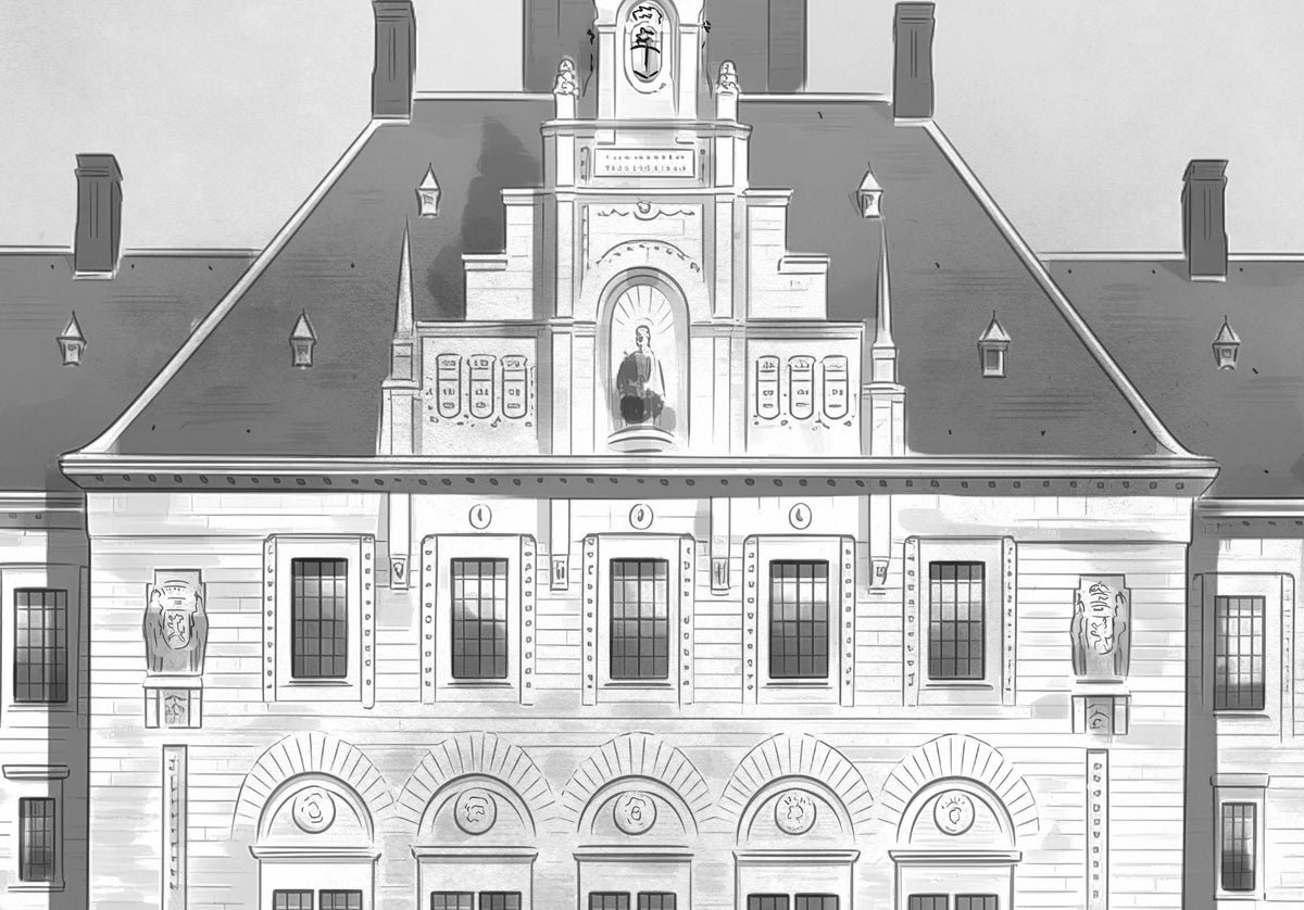 Detail van de Stadhuis Rotterdam poster: de ingang en de middenpartij van de gevel