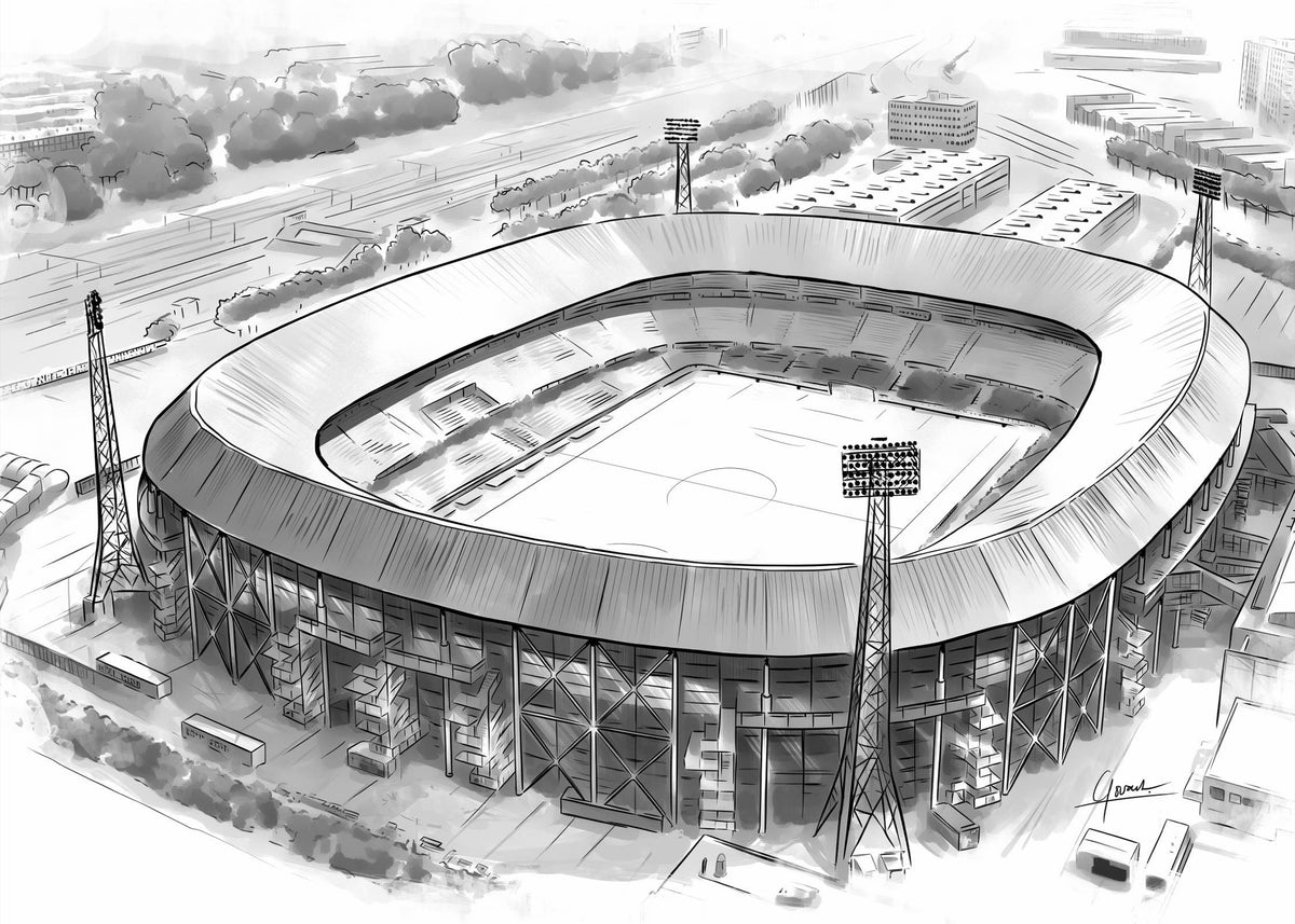 De Kuip poster, lijntekening van het stadion met lichtmasten in vogelvlucht