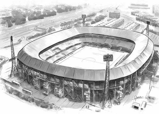 De Kuip poster, lijntekening van het stadion met lichtmasten in vogelvlucht