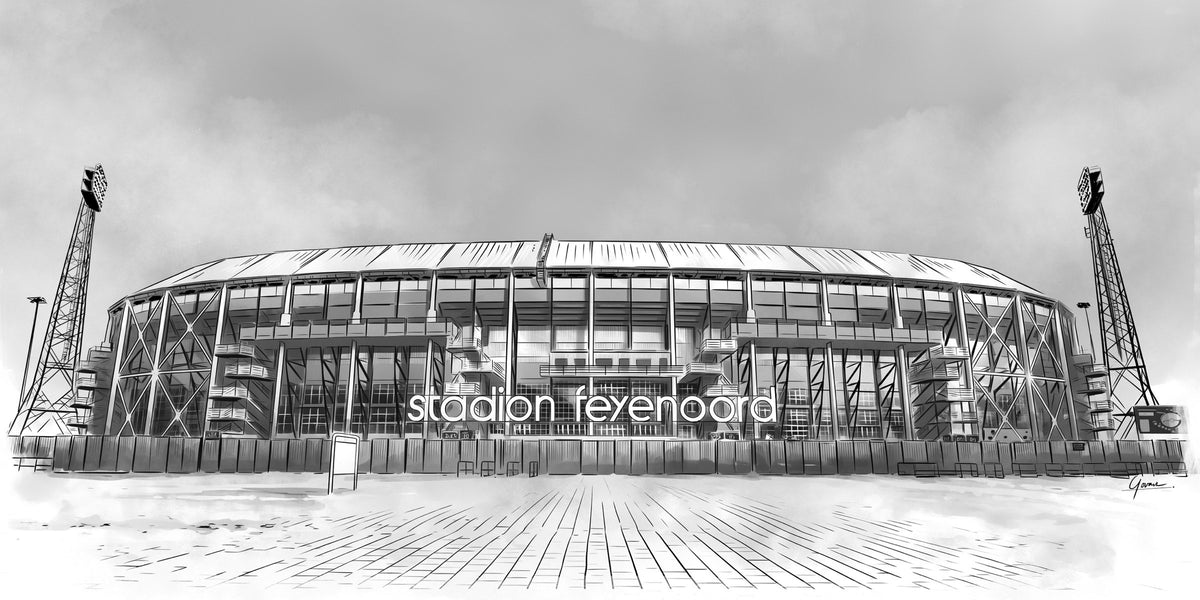De Kuip vooraanzicht poster, panorama lijntekening van de gevel met lichtmasten