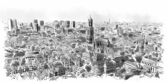 Skyline Utrecht poster, panorama lijntekening van de oude binnenstad en de Dom