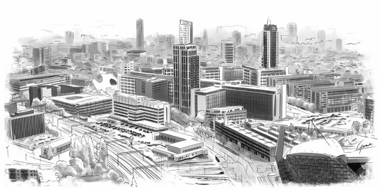 Skyline Eindhoven poster, panorama lijntekening met het spoor en de torens