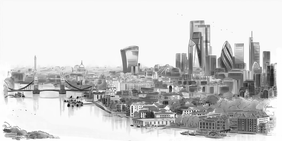 Skyline Londen poster, panorama lijntekening met Tower Bridge en de City