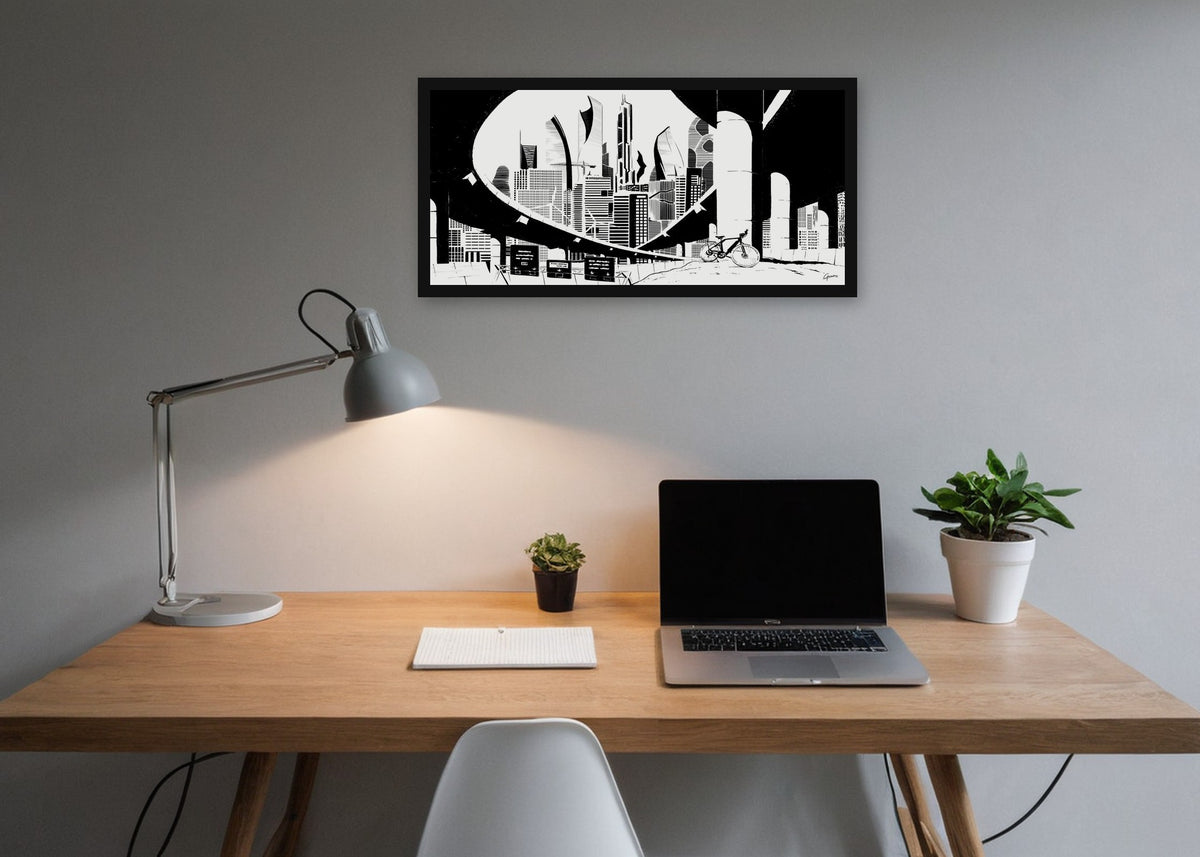 Poster Amsterdam Future Skyline ingelijst aan de muur in een kantoor