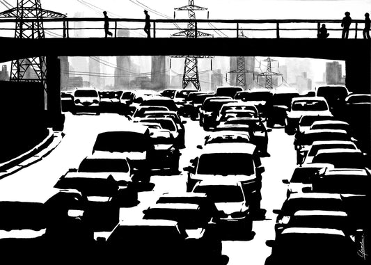 Shanghai Verkeer poster, inkttekening van auto's met hoogspanningsmasten en torens