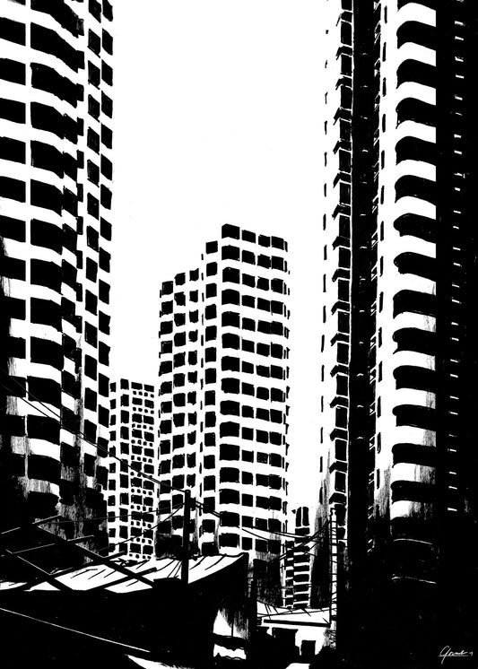 Shanghai Highrise poster, inkttekening van hoge woontorens met balkons