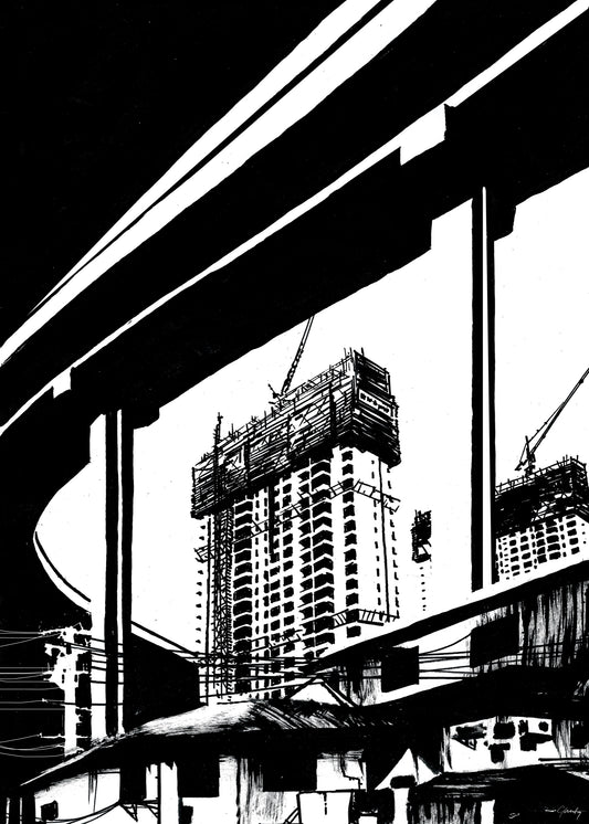 Shanghai Highway poster, inkttekening van een verhoogde snelweg en een bouwkraan