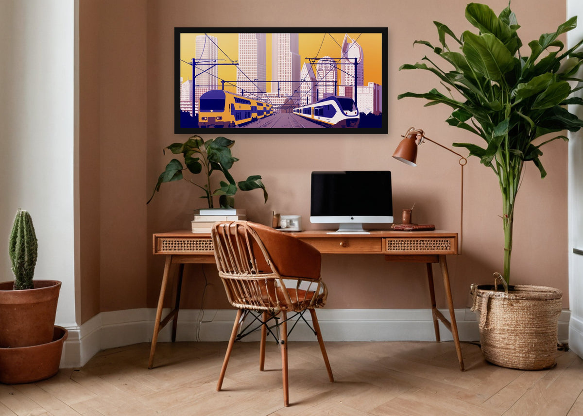 Poster Den Haag Skyline met Treinen ingelijst aan de muur in een kantoor