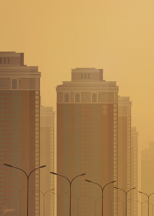 Sunny Day in Beijing poster, woontorens en lantaarnpalen in warme tinten