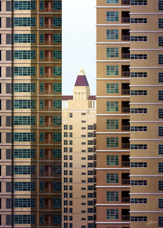 Bangkok Skyscraper Palace poster, hoge gevels met balkons en een paarse koepel