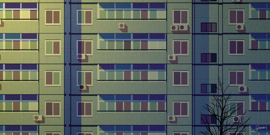Beijing Residential Area poster, woonblok met balkons, airco's en een kale boom