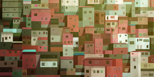 Buenos Aires Favela poster, mozaïek van kleine huizen in roze, rood en groen