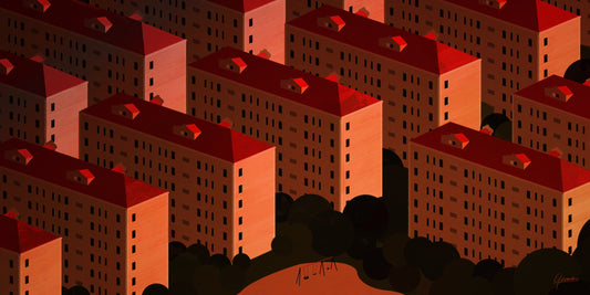 China Housing Blocks poster, rijen woonblokken in rood en oranje van bovenaf