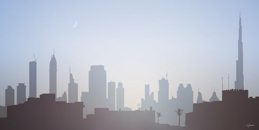 Dubai Dawn poster, silhouetten van torens met de Burj Khalifa en een maan