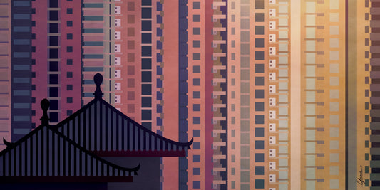 Shanghai Temple poster, silhouet van een tempeldak tegen torens in paars, roze en oranje
