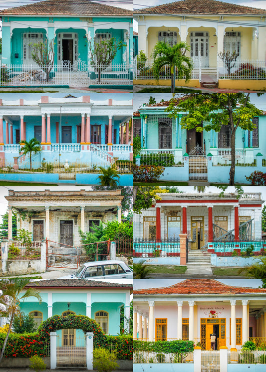 Cuba Villas Collage poster, raster van acht kleurrijke koloniale villa's