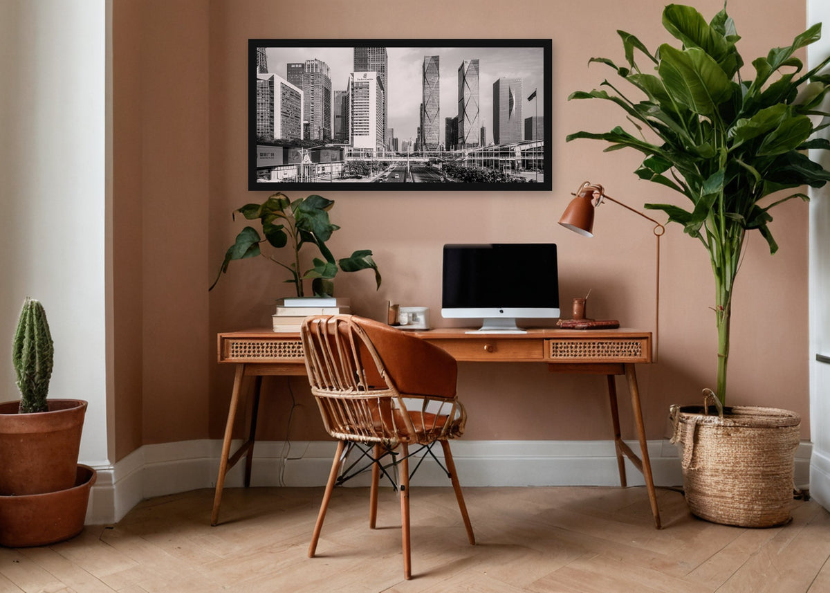 Poster Shenzhen 7 ingelijst aan de muur in een kantoor