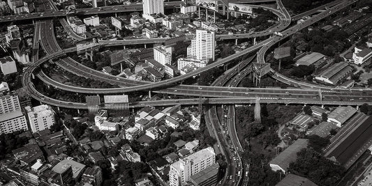 Bangkok Flyovers poster, luchtfoto van snelwegen tussen woonwijken