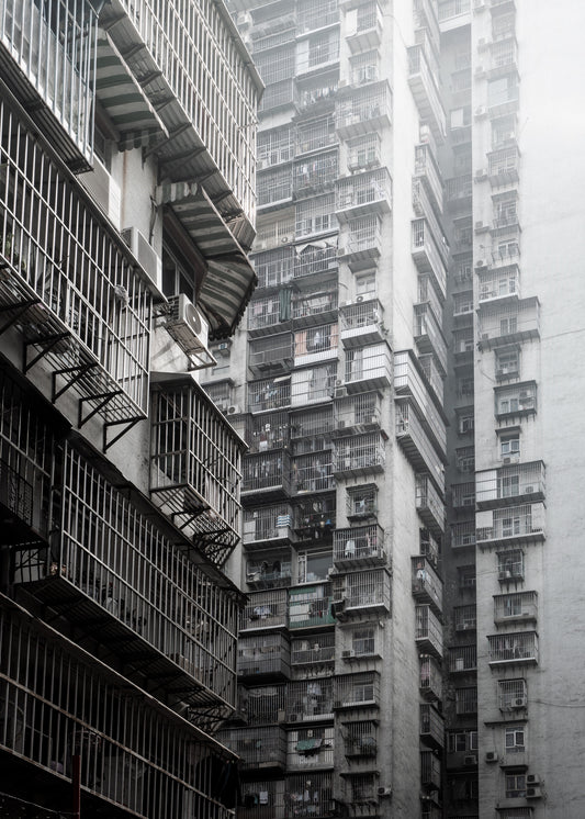 Macau 3 poster, zwart-wit foto van woontorens in Macau