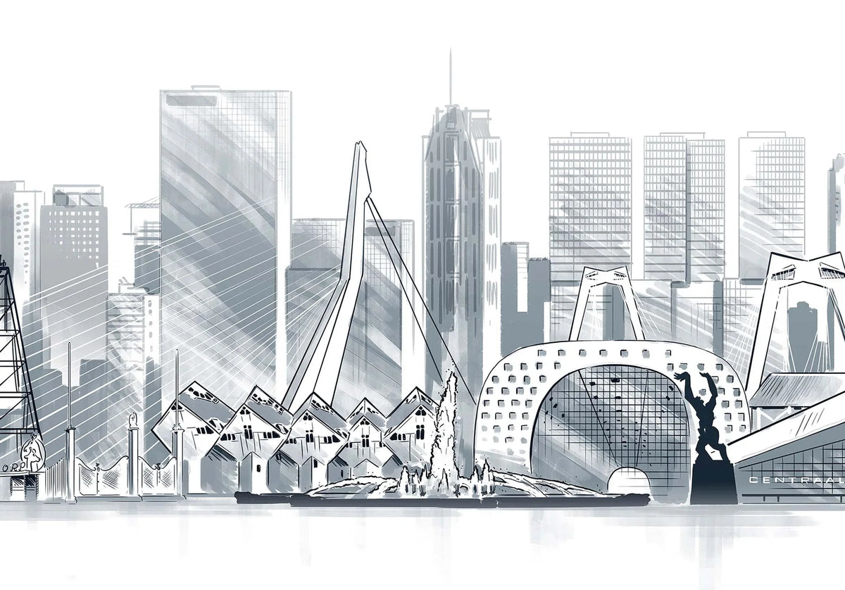 Rotterdam Skyline Compilatie poster, Rotterdam tekening met architectuur en skyline aan de muur