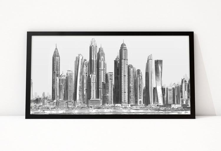 Dubai Posters, skyline van Dubai Marina als lijntekening ingelijst