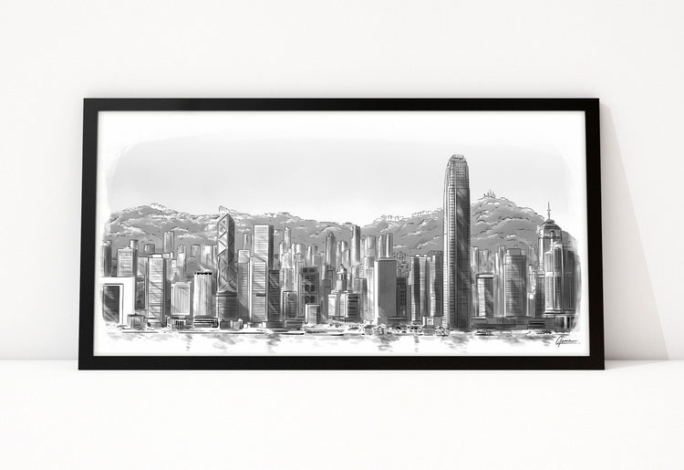 Wereldsteden Posters, skyline van Hongkong als lijntekening ingelijst