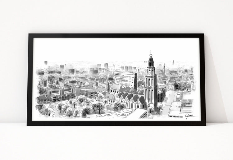 Groningen Posters, binnenstad met de Martinitoren als lijntekening ingelijst