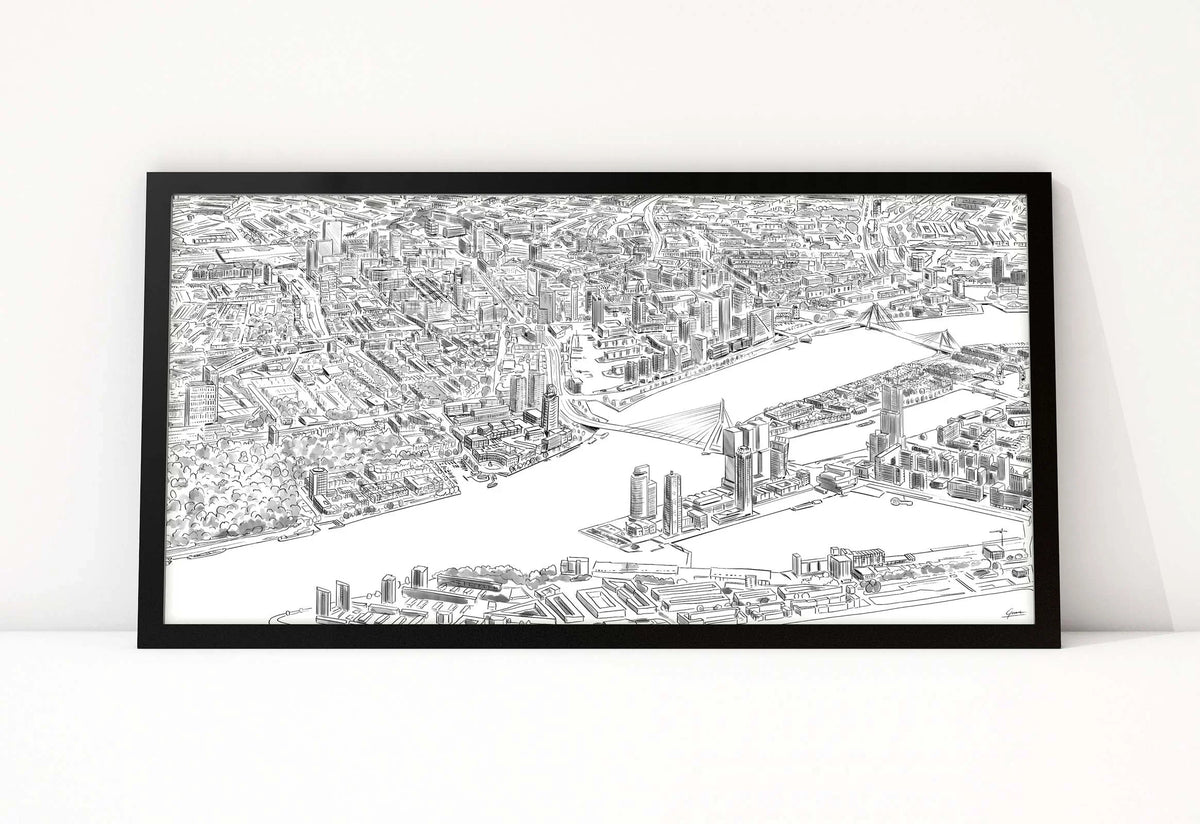 Handgetekende poster Rotterdam Hoogbouw van Bovenaf, kunst geïnspireerd op skyline Rotterdam