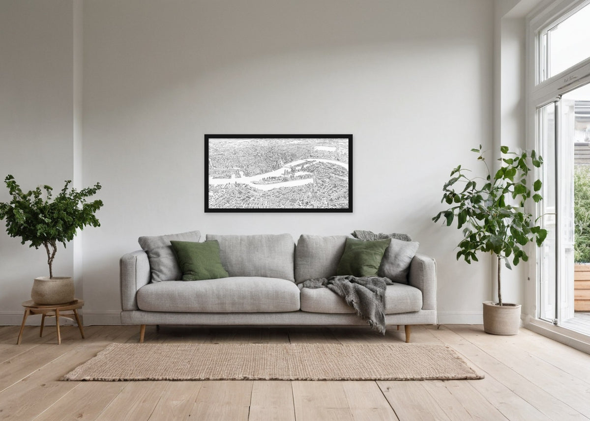 Poster Rotterdam vanuit de lucht ingelijst aan de muur in een woonkamer