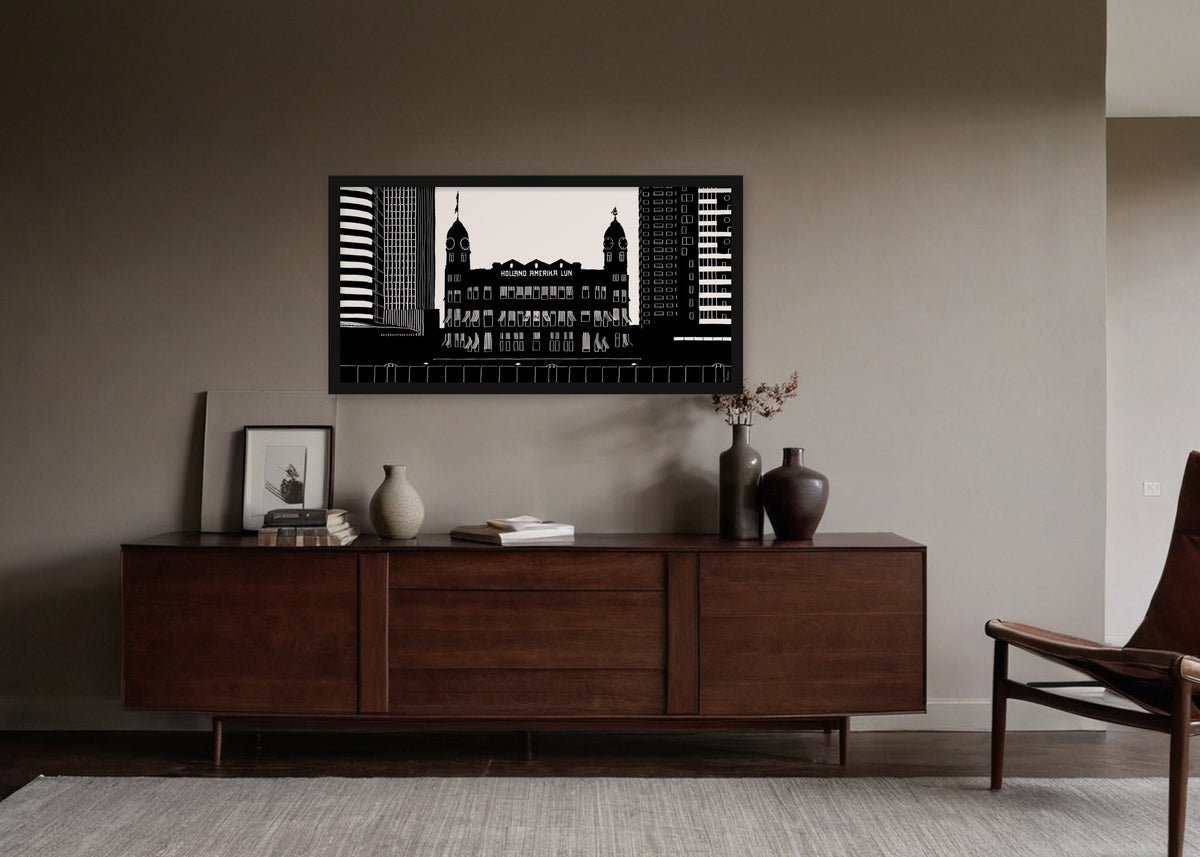 Poster Hotel New York Rotterdam ingelijst aan de muur in een woonkamer