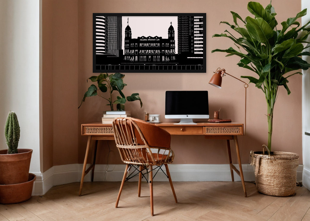 Poster Hotel New York Rotterdam ingelijst aan de muur in een kantoor