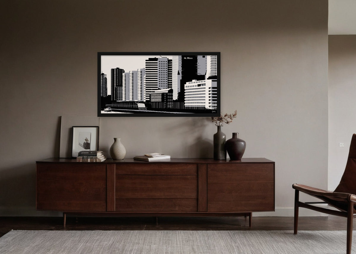 Poster Boompjes 2 Rotterdam ingelijst aan de muur in een woonkamer