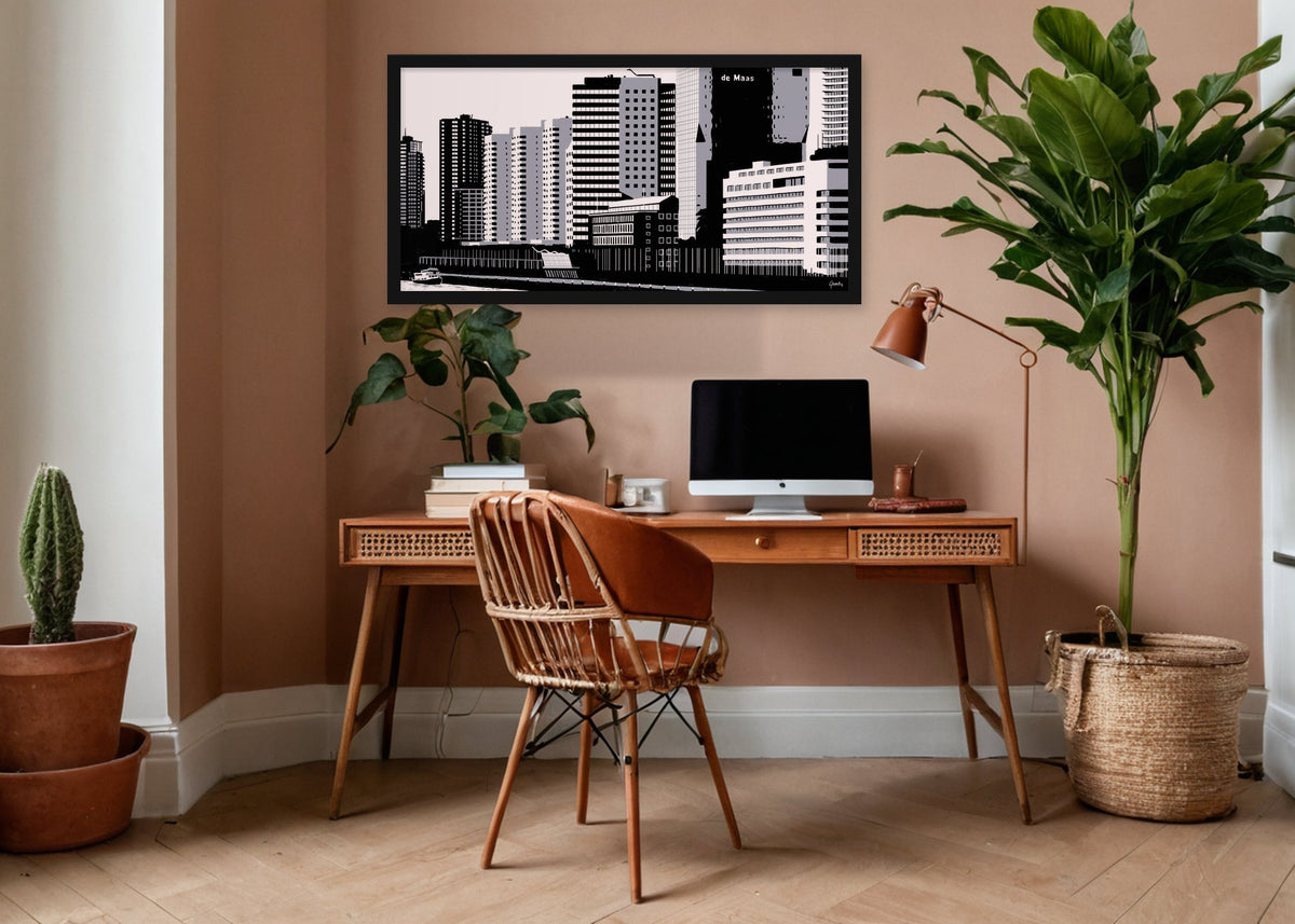 Poster Boompjes 2 Rotterdam ingelijst aan de muur in een kantoor