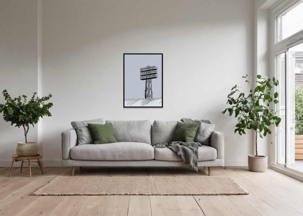 Poster Lichtmast Feyenoordstadion ingelijst aan de muur in een woonkamer