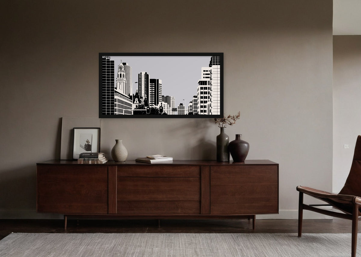 Poster Coolsingel Rotterdam ingelijst aan de muur in een woonkamer